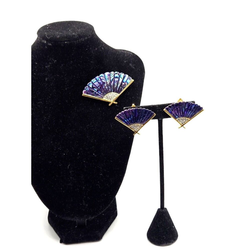 Butler Signed Rare Purple Abalone Shell Fan Brooch and Clip Earring Set Vintage - Picture 5 of 7